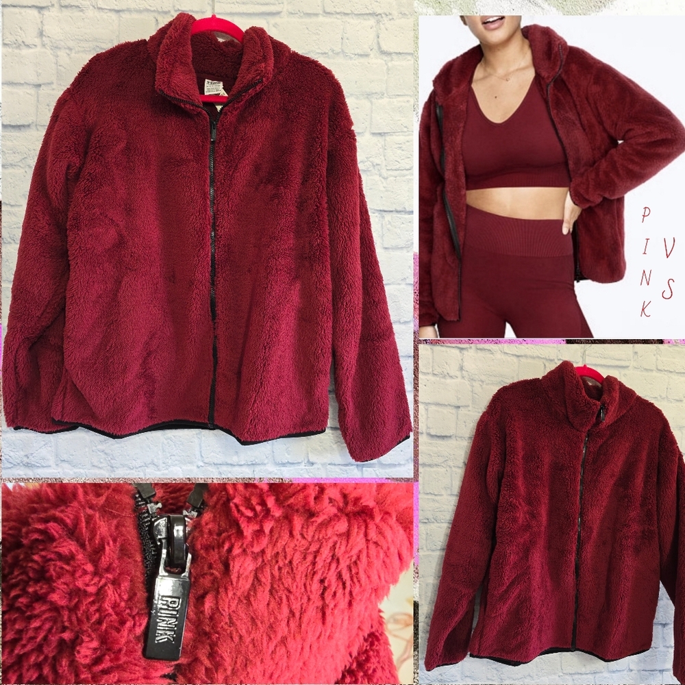 PINK Victoria's Secret Sherpa Teddy Jacket Full Zip Maroon VS Sweater New XL - Picture 1 of 16